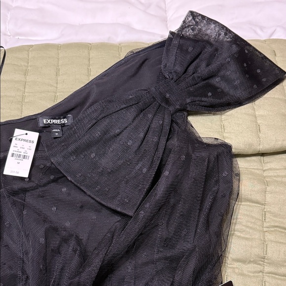 Express Black Mesh Polka Dot One Shoulder One Shoulder Bow Midi Sheath Dress - Picture 7 of 13